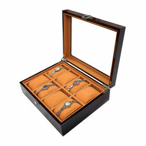 Watch Display - Wood Finish Case with Glass Top & 8 Sections (WD8)