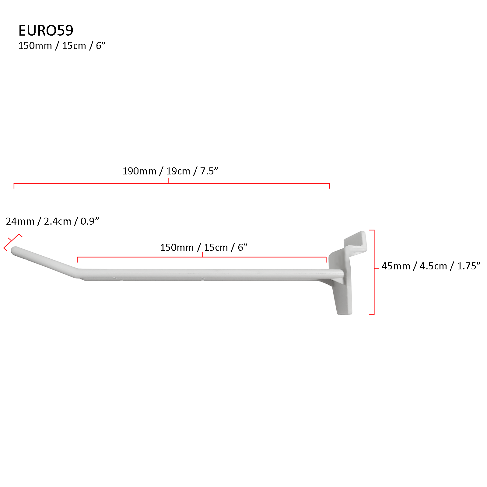 Slatwall Hooks 150mm / 6inch Euro Retail Shop Hooks in White (EURO59)