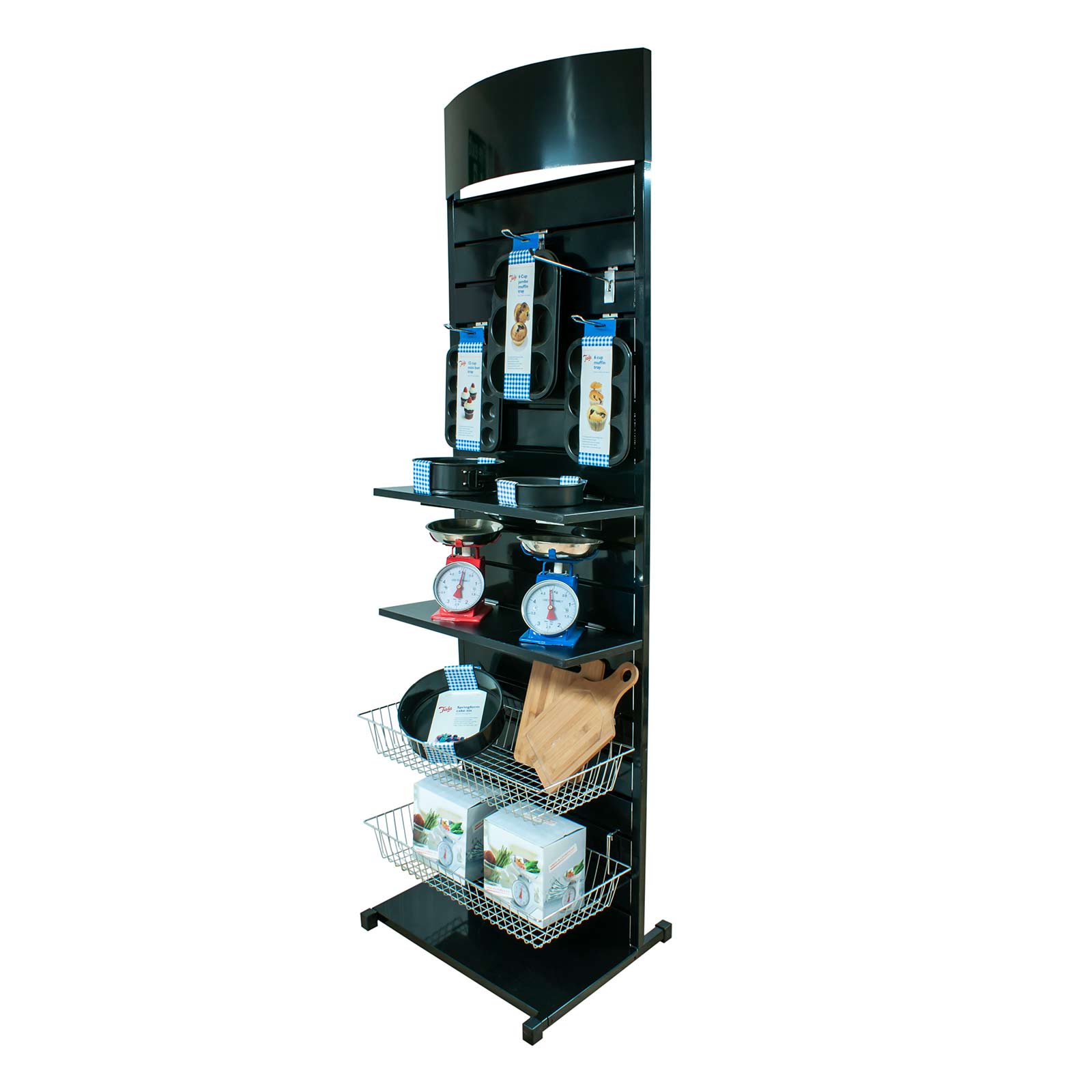 Metal Slatwall Display Stand with Bowed Header in Black and White (K137+)